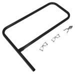 A black rectangular exercise handle against a white background features two silver clamps and a small silver hook to secure it to equipment, showcasing the sturdiness and reliability of the Vestil Black Pipe Safety Railing Gate-P Shaped 36X36.