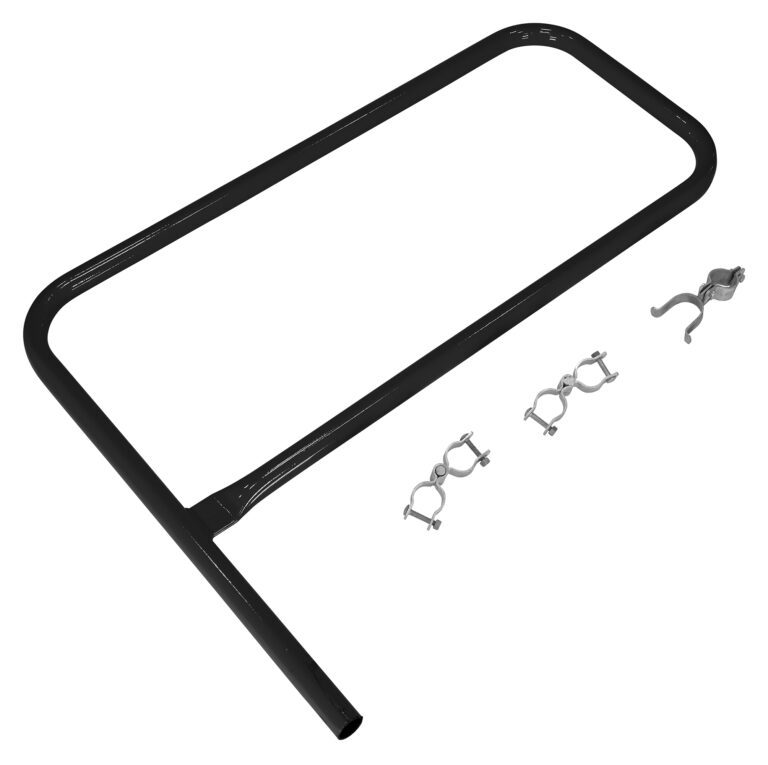 A black rectangular exercise handle against a white background features two silver clamps and a small silver hook to secure it to equipment, showcasing the sturdiness and reliability of the Vestil Black Pipe Safety Railing Gate-P Shaped 36X36.