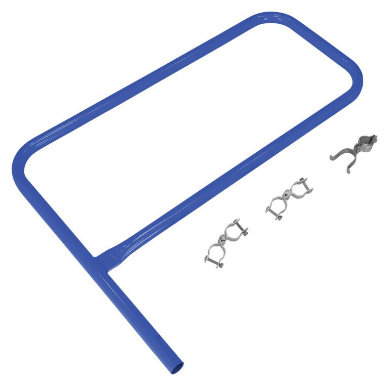 The Vestil Blue Pipe Safety Railing Gate is P-shaped for stairs with a rectangular form and vertical post, including three metal mounting brackets. The 36x36 components are displayed on a white background.