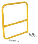 The Vestil Pipe Safety Railing Gate-B Shaped 36x36 features a yellow metal guard rail with two horizontal bars and includes two sets of silver mounting brackets and screws, all showcased on a white background.