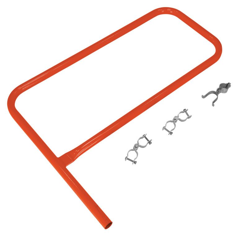 The Vestil Orange Pipe Safety Railing Gate, P-shaped and 36x36, features a robust metal frame with three silver clamps on a pristine white background.