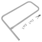 The Vestil Silver Pipe Safety Railing Gate, P-shaped and measuring 36x36, has a metal rectangular frame with a horizontal base. It includes three mounting clamps, one of which is slightly angled and features a latch mechanism for secure assembly or attachment.