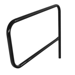 The black metal bed rail is akin to the elegant Vestil Black Pipe Safety Railing Gate-P Shaped 48X36, showcasing a sleek rectangular design with rounded corners on a crisp white background.