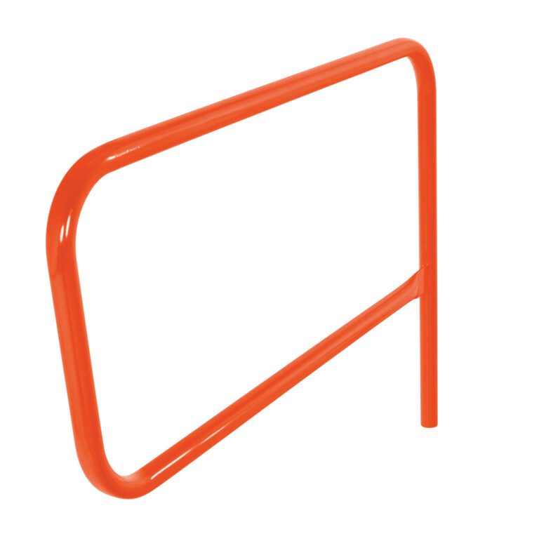 The Vestil Orange Pipe Safety Railing Gate-P Shaped 48X36 features a sleek P-shaped design with a glossy, bright orange finish, rounded corners, and one visible vertical post on the right.