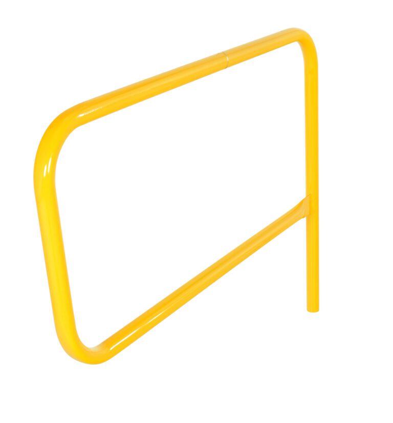 A yellow metal bike rack in a simple rectangular shape, inspired by the durability of the Vestil Pipe Safety Railing Gate-P Shaped 48X36, designed to secure bicycles. It has rounded corners and a smooth finish against a plain white background.