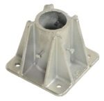 The Vestil Steel Pipe Safety Railing Single Socket features four triangular supports and a cylindrical opening for a safety railing, with bolt holes at each base corner to secure poles or similar structures.