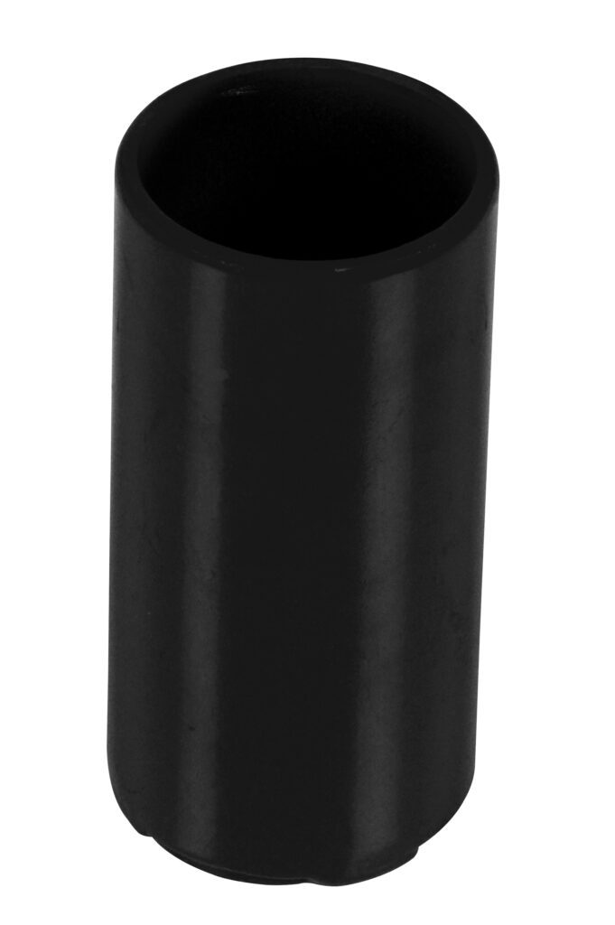 A sleek, black cylindrical rubber cap, reminiscent of the Vestil Black Pipe Safety Rail Metal Sleeve 2 In Dia, stands upright against a white background.