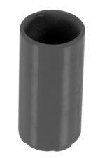 A cylindrical object resembling a Vestil Gray Pipe Safety Rail Metal Sleeve 2 In Dia, its dark gray with a smooth exterior and hollow interior, standing upright on a white background.