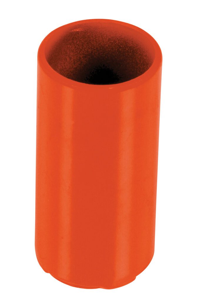 A vivid orange, cylindrical cap resembling the Vestil Orange Pipe Safety Rail Metal Sleeve 2 In Dia stands upright against a white background. It features an open top and closed bottom, ideally fitting a 2-in diameter metal pipe snugly for added protection.