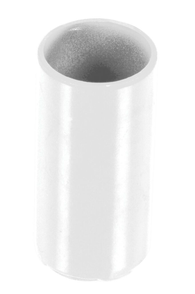 VDKR-P107-WT_A.jpg The Vestil White Pipe Safety Rail Metal Sleeve, featuring a 2-inch diameter, stands upright against a plain background, resembling a sleek cylindrical object with smooth metal surfaces.