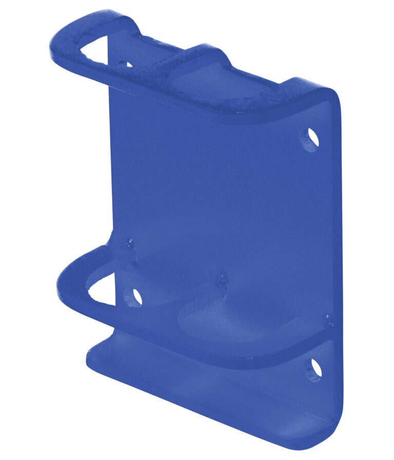 The Vestil Blue Vertical-Mount Handrail Sockets wall-mounted holder features an angular design with two main compartments for organizing cords or tools. It includes handrail sockets and multiple mounting holes for secure installation.