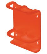 The Vestil Orange Vertical-Mount Handrail Socket features three circular cutouts and six screw holes for secure mounting, perfect for organizing items like spray cans.