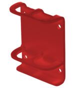 The Vestil Red Vertical-Mount Handrail Sockets feature a red metal bracket with a flat base and four rear mounting holes, crafted to hold two objects. Its bold color and simple design make it perfect for home and industrial applications.