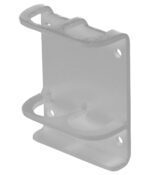 A see-through plastic wall-mount bracket features three circular slots and four screw holes for easy attachment, designed to resemble Vestil Silver Vertical-Mount Handrail Sockets, perfect for holding cylindrical items like bottles or tools.