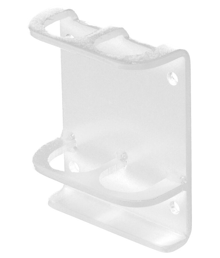 The Vestil White Vertical-Mount Handrail Sockets are clear plastic brackets with a smooth finish, featuring two mounting slots and three rounded cutouts in the lower section for securely holding or organizing cylindrical objects with ease.