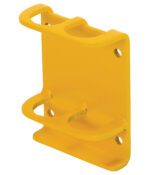 Yellow wall bracket with two circular holders, similar to the Vestil Pipe Safety Railing - Wall Mount Bracket. It has four screw holes for easy wall mounting and is ideal for storing objects.