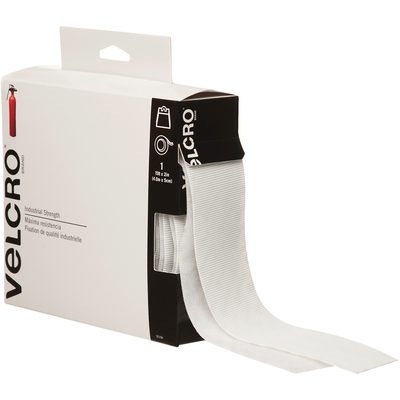VEL104.jpg A 2 x 15 White VELCRO® Brand Tape from the Combo Packs features industrial-strength tape extending out of a predominantly white box adorned with black text and icons, highlighting its practical design.