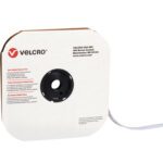 A large spool of 5/8 x 75 White VELCRO® Brand Loop Tape, labeled Individual Strips, is in a white box with rounded edges featuring red and black text with the Velcro logo. The tape is partially pulled out for easy access.
