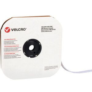 A large spool of 5/8 x 75 White VELCRO® Brand Loop Tape, labeled Individual Strips, is in a white box with rounded edges featuring red and black text with the Velcro logo. The tape is partially pulled out for easy access.