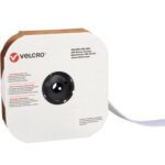 The cardboard dispenser box holds a roll of 2 x 75 Hook White VELCRO® Brand Tape - Individual Strips. The white tape unrolls from the right, contrasting the red and black text with the Velcro logo.