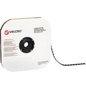 A large spool of 1 3/8 VELCRO® Brand Tape features individual black hook dots on white, labeled with Velcro and Velcro USA Inc. contact details, containing 600 dots per case for easy dispensing.