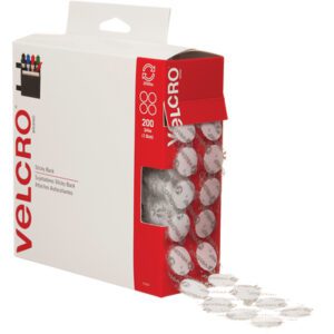 The 3/4 Dots - White VELCRO® Brand Tape combo pack offers 200 adhesive circles, neatly packaged in a sleek white box with red accents and the iconic logo prominently displayed, showcasing functionality.