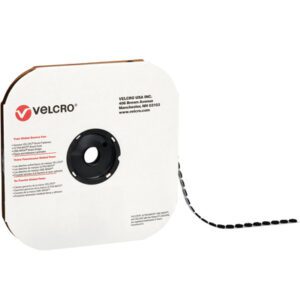 A spool of 3/8 Black VELCRO® Brand Tape for individual dots, partly unwound, with the iconic logo and details on white cardboard packaging. The tape has evenly spaced fasteners slightly extending from the spool, suitable for dots or continuous use.