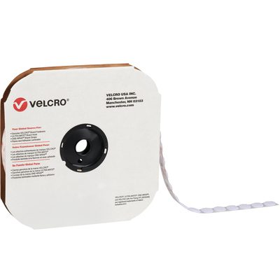 VEL176.jpg 1 7/8 white VELCRO® Brand Tape with hook fasteners is packaged in a VELCRO-branded cardboard dispenser featuring contact details, ready for use.
