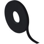 A roll of black adhesive tape, partially unrolled, resembles the versatile 1/2 x 75 Black VELCRO® Brand Self-Grip Straps. Its coiled tightly and looks thick and durable, ideal for various binding or repair purposes.