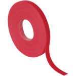 A roll of 3/4 x 75 Red VELCRO® Brand Self-Grip Straps is partially unrolled against a white background, highlighting its width and texture.