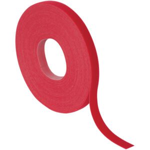 A roll of 3/4 x 75 Red VELCRO® Brand Self-Grip Straps is partially unrolled against a white background, highlighting its width and texture.