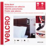 The 3/4 x 50 Black VELCRO Brand Tape is versatile for securing items like remotes and keys. It features vibrant red and white packaging with multilingual text detailing its dimensions, available in convenient combo packs, neatly packaged one per case.