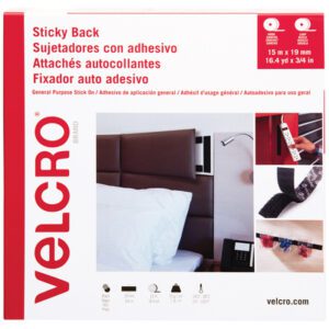 The 3/4 x 50 Black VELCRO Brand Tape is versatile for securing items like remotes and keys. It features vibrant red and white packaging with multilingual text detailing its dimensions, available in convenient combo packs, neatly packaged one per case.