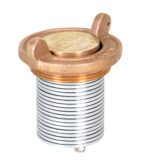 A brass and silver cylindrical device with a ribbed exterior, featuring two small tabs on top, resembles an industrial component like the Vestil Vertical Drum Vent designed for 30 & 55-gallon drums.