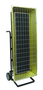A tall, rectangular yellow metal cage with a wire mesh front is mounted on a black wheeled hand truck frame. It mirrors the robust design of the Vestil Port Elec Infrared Heater 9.5 Kw 240V/3, ensuring secure transport with its strong structure and black interior.