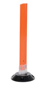 The Vestil Orange Surface Flexible Stake, 24 x 3.25, features a black rubber base and serves as an effective traffic delineator for road safety, with its bright color popping against a white background.