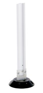 A tall, cylindrical white pole like the Vestil White Surface Flexible Stakes 24 X 3.25 is mounted on a round black base, standing isolated against a pristine white background.