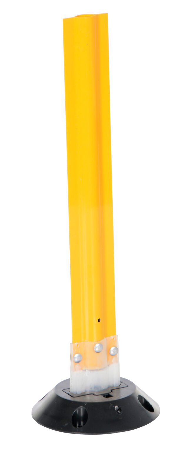 The Vestil Yellow Surface Flexible Stakes 24 x 3.25 are tall, cylindrical posts ideal for traffic control. Mounted on a black rubber base with bolt holes, they ensure secure placement and enhance road safety.