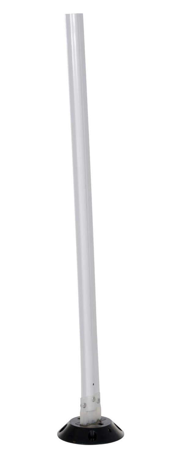 The Vestil White Surface Flexible Stake, size 48 x 3.25 inches, elegantly stands with a slight angle on a black round base, contrasting against a white background for a sleek and modern appeal.