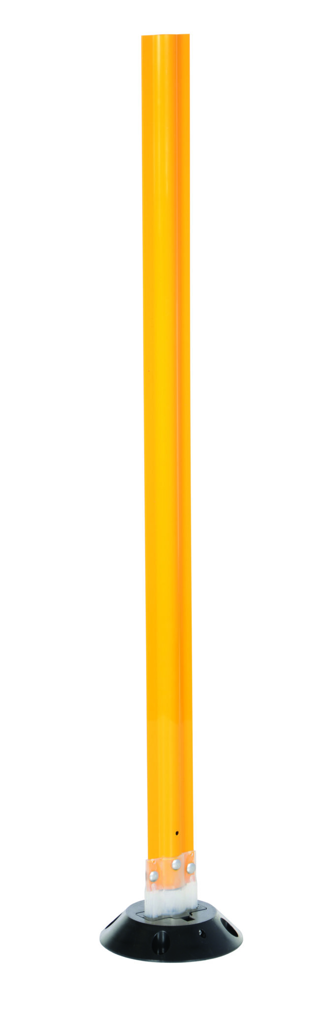 A tall, slim orange post with a cylindrical shape, similar to the Vestil Yellow Surface Flexible Stakes 48 X 3.25, is mounted on a slightly wider round black base with a shiny finish.