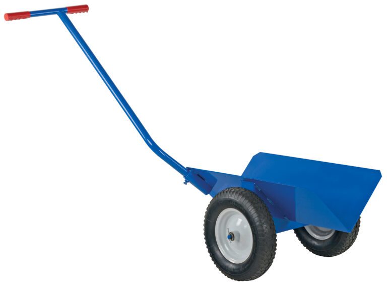 The Vestil V-Groove Pipe Mover with foam-filled wheels is a blue, two-wheeled cart featuring a long handle with red grips and a flat loading platform for transporting heavy or bulky items.