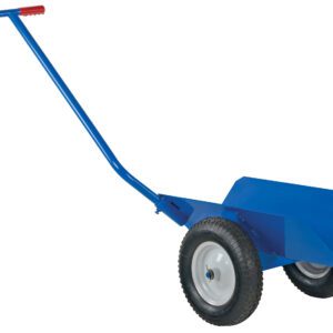 The Vestil V-Groove Pipe Mover with foam-filled wheels is a blue, two-wheeled cart featuring a long handle with red grips and a flat loading platform for transporting heavy or bulky items.