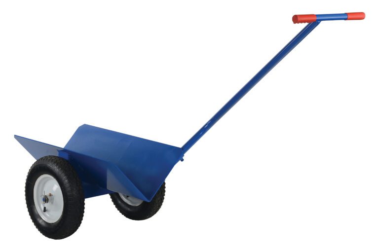 VGP-100_A.jpg The blue two-wheeled hand truck resembles the Vestil V-Groove Pipe Mover with Pneumatic Wheels, featuring a long handle with red grips and black wheels with white rims. Its flat, angled platform is ideal for efficiently carrying loads.