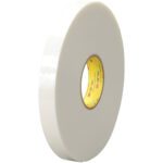 A large roll of 1 x 5 yds. White 3M™ 4622 VHB™ Tape (1 Roll/Case), featuring a yellow inner core and red text, is neatly wound with a smooth surface and stands upright against a plain background.