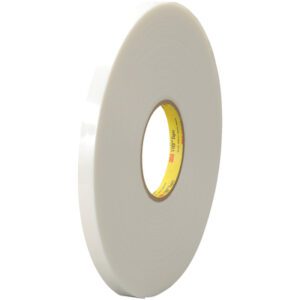 A 1/2 x 5 yds. white adhesive tape with a yellow core, featuring a smooth, glossy texture and prominently displaying the 3M™ 4622 VHB™ Tape brand name, stands out against the plain white background. Sold individually per case.