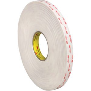 A large roll of 3/4 x 5 yds. White 3M™ 4945 VHB™ Tape stands upright, highlighting its white and red design. The yellow inner core shows text and logos, reflecting the reliability of one roll per case from this renowned brand.
