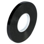 A single roll of 1/2 x 5 yds. Black 3M™ 4949 VHB™ Tape, slightly unraveling, its white core contrasts with the neatly wound dark tape on a white background.