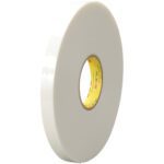 A large roll of 3/4 x 5 yds. White 3M™ 4951 VHB™ Tape (1 Roll/Case) with a yellow interior core, flaunting a smooth, glossy texture, is positioned upright against a plain background.