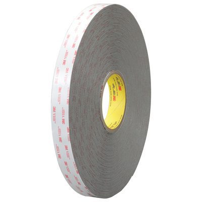 VHB495901R.jpg The 1 x 5 yds. White 3M™ 4959 VHB™ Tape (1 Roll/Case) is displayed, featuring a red text adhesive backing, gray tape, and yellow core that enhances branding for versatile applications.