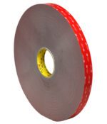 The 1 x 5 yds. Gray 3M™ 4991 VHB™ Tape features a bold red outer layer with white 3M VHB text, a vibrant yellow inner core, and comes as one roll per case.